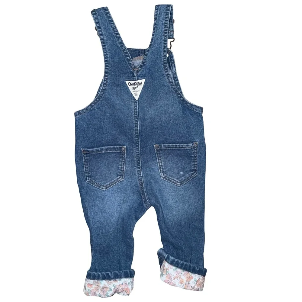 OshKosh B'gosh Girls Denim Bib Overalls Floral Trim Medium Wash 12M Adjustable